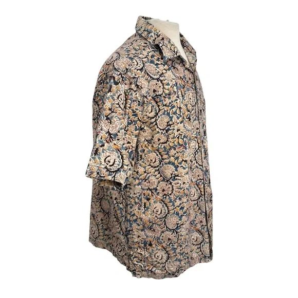 Vintage ORVIS Men's Size L Floral Print 100% Cotton Button Up Shirt Blue Tan - Picture 3 of 7